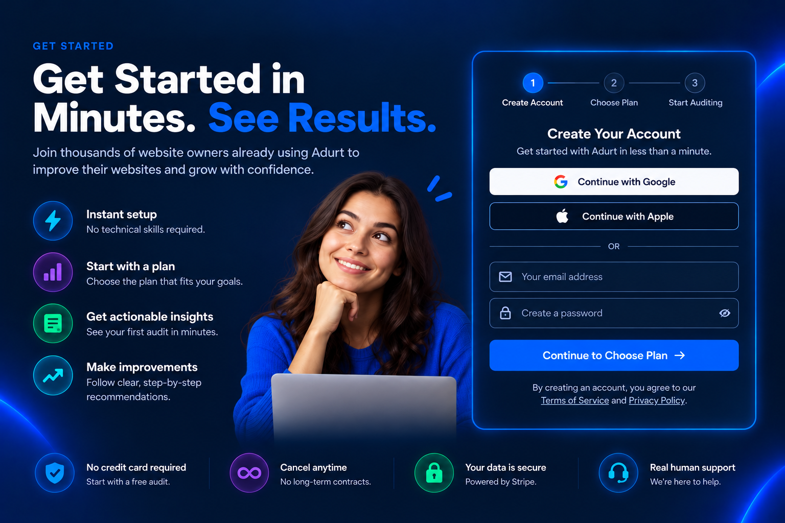 Get started with Adurt; create an account and choose a plan. Account setup will be available after backend launch.